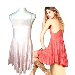 Free People Rare Circle of Flowers Pink Slip Dress Lace Up Back